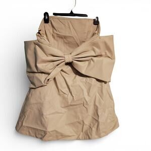MIOU Muse Strapless Cream Mini Dress with Large Bow  Faux Leather Semi Formal